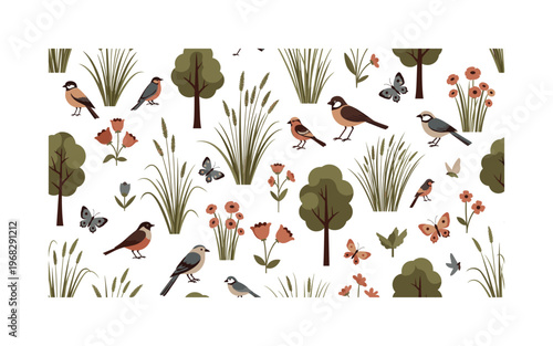 sunny glade motifs seamless pattern, repeating pattern, surface design, textile print, modern illustration of meadow flowers, grasses, birds, butterflies and