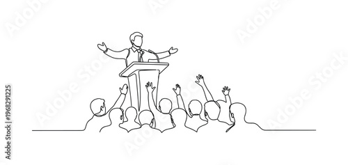 Activism Success. Minimalistic one-line drawing person standing on podium speaking to cheering crowd, continuous single black line on white background, simple