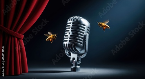 Vintage microphone on stage with dramatic lighting and two bees flying near