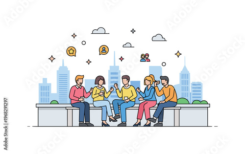Group of friends rooftop hangout concept where people enjoy the city view together while small sparkle and star icons emphasize connection, relaxation, and