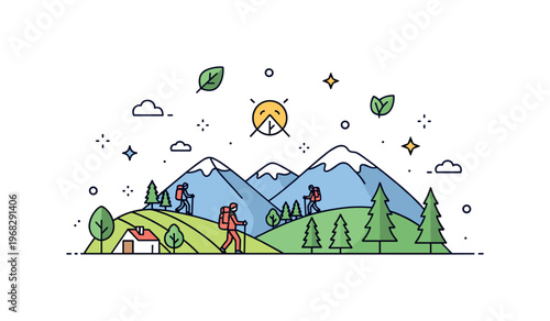 America Appalachian Mountains scene where rolling hills and forests appear with hikers while small sparkle and leaf icons emphasize nature, adventure, and