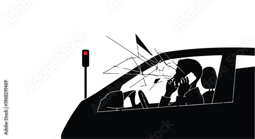 car accident with broken windshield and people inside