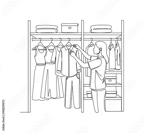Ethical Wardrobe Planning. Minimalistic one-line drawing person arranging sustainable clothing in closet, continuous single black line on white background,
