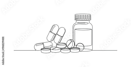 Medical Pills. Minimalistic one-line drawing capsule and tablet assortment with bottle, continuous single black line on white background, simple outline style,