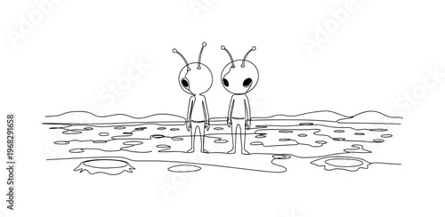 Space Creatures. Minimalistic one-line drawing small Martians standing and observing terrain, continuous single black line on white background, simple outline