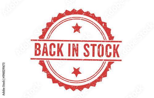 Vibrant red 'back in stock' stamp with star accents on a clean white background