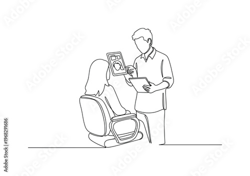 Styling Session. Minimalistic one-line drawing person in salon chair with stylist showing haircut ideas, continuous single black line on white background,