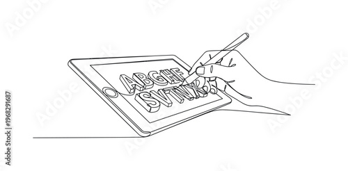 Creative Type. Minimalistic one-line drawing tablet with digital letters being adjusted, continuous single black line on white background, simple outline