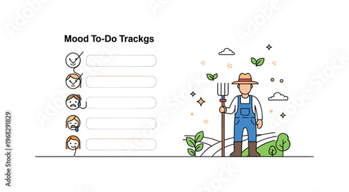 Mood-To-Do Tracker. Minimalistic one-line drawing checklist with small expressive faces showing emotional tagging of tasks, continuous single black line on