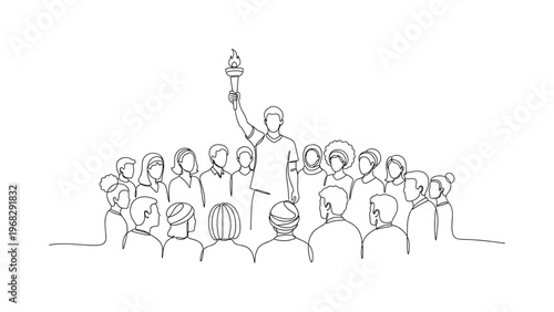 Impactful Achievements in Human Rights. Minimalistic one-line drawing person holding a torch with crowd of diverse people around, continuous single black line