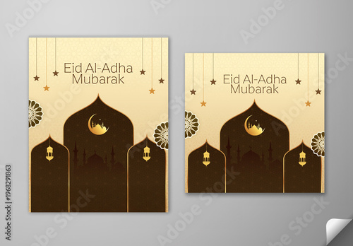 Editable Eid Al Adha Mubarak Greeting Social Media Post Template Set in Beige and Brown Theme with Islamic Festival Elements.