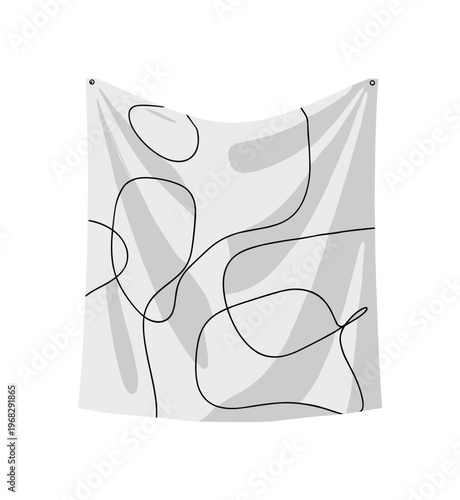 Wall Hangings. Minimalistic one-line drawing decorative textile wall art draped, continuous single black line on white background, simple outline style, no