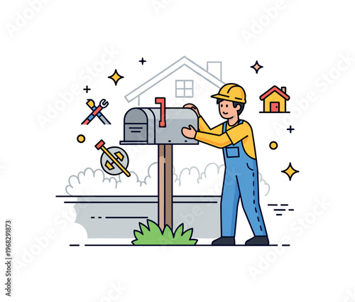 Replacing the mailbox suburban home scene where a person installs a new mailbox at the curb while small sparkle and line icons emphasize action, improvement,