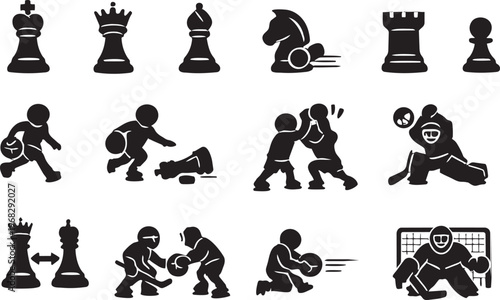 Set of chess pieces including black vector figures and business icons in a cartoon silhouette illustration