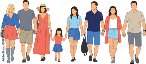 Diverse people walking together illustration, casual lifestyle group, modern men women family, social community concept, friendship, unity, urban fashion, flat design