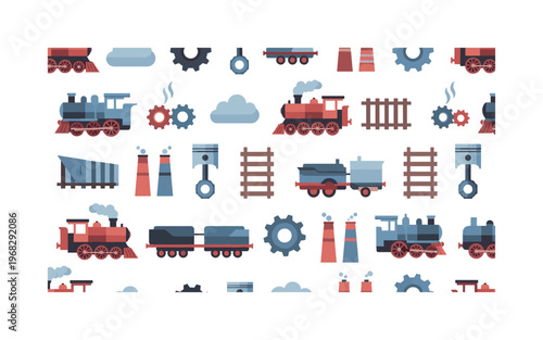railway motifs seamless pattern, repeating pattern, surface design, textile print, modern illustration of vintage steam engines, tracks, wheels, pistons,