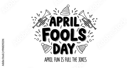 A playful April Fools' Day illustration with party horns and confetti