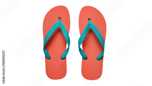 Schilderij op canvas Bright coral red rubber flip-flops with turquoise blue straps, perfectly arrange