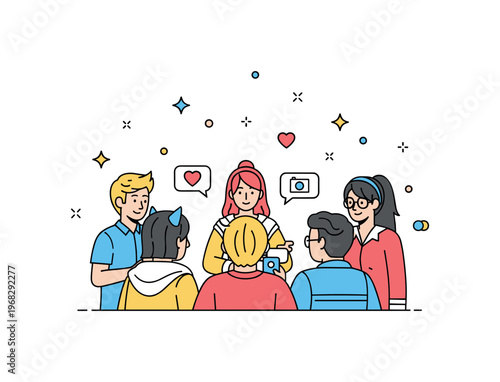 Group cosplay fan meetup concept where friends gather in costumes for a photo or conversation while tiny sparkle and heart icons emphasize community, shared