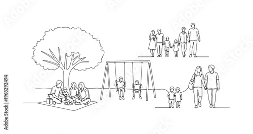 Community Green Space. Minimalistic one-line drawing families, children, and friends enjoying park outdoors, continuous single black line on white background,