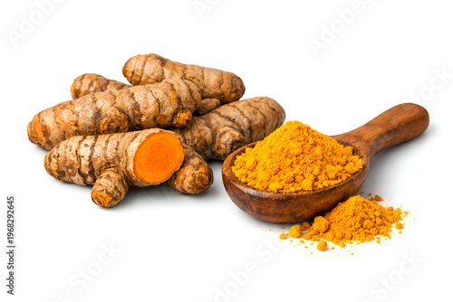 Turmeric Roots and Powder with Spoon