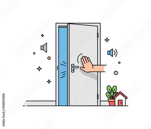 Closing a squeaky door hallway repair scene where a person adjusts door hinges while tiny sparkle and star icons highlight maintenance, care, and sound