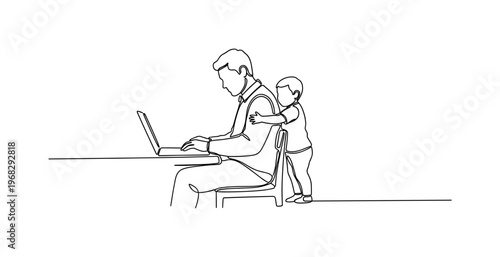 Balancing Work and Kids. Minimalistic one-line drawing individual on laptop while child reaches for attention, continuous single black line on white