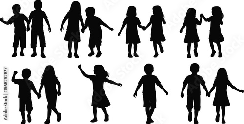 Children silhouettes collection, kids playing and holding hands, happy childhood activity, black shadow figures, playful poses, isolated design, social interaction