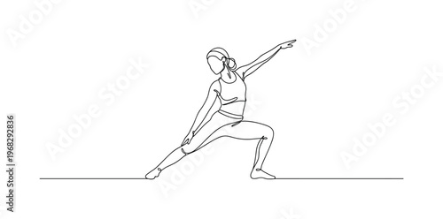 Exercise Routine. Minimalistic one-line drawing person performing light exercise or stretching, continuous single black line on white background, simple