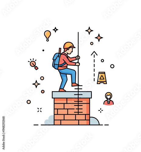 Chimney descent historic building exploration scene where an adventurer descends an old chimney while small sparkle and line icons emphasize curiosity,