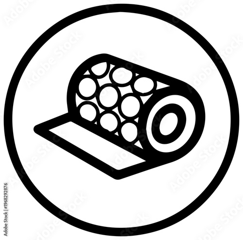 Minimalist black line art icon representing a rolled up sheet of bubble wrap with visible air filled pockets enclosed within a clean circular border symbolizing protection