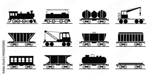 Locomotive and wagon icon collection, including engine and freight cars, isolated vector sketch in black and white