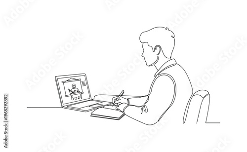 Virtual Lesson. Minimalistic one-line drawing student attending lecture on screen with notebook, continuous single black line on white background, simple