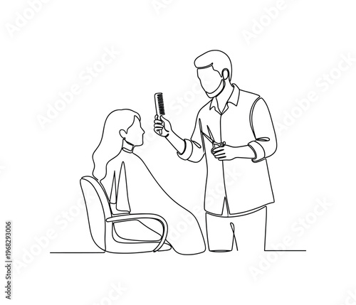 Hairstylist Advice. Minimalistic one-line drawing stylist holding comb and scissors while talking to seated client, continuous single black line on white