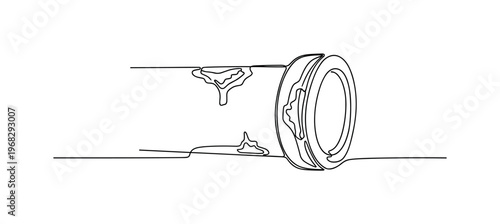 Rust Example. Minimalistic one-line drawing small segment of pipe with corrosion spots, continuous single black line on white background, simple outline style,