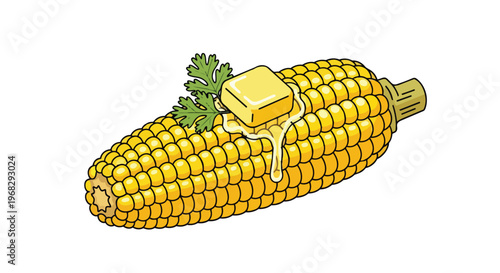 Freshly Harvested Sweet Corn Cob Adorned with Melting Butter and Parsley Sprig, A Simple Delight