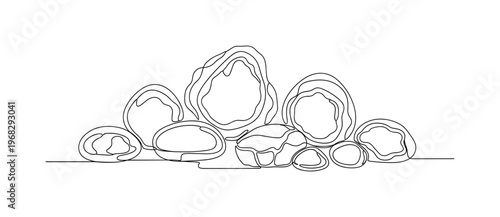 Petrology Display. Minimalistic one-line drawing polished and rough stones in collection, continuous single black line on white background, simple outline
