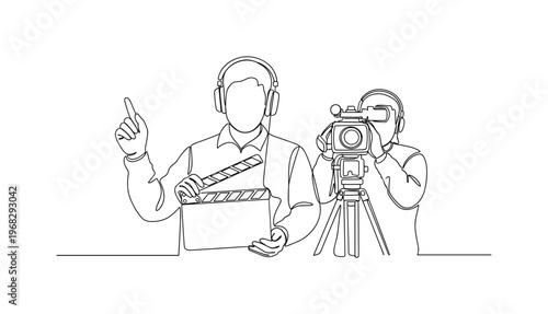 Video Crew. Minimalistic one-line drawing director, cameraman, and clapperboard on set, continuous single black line on white background, simple outline style,