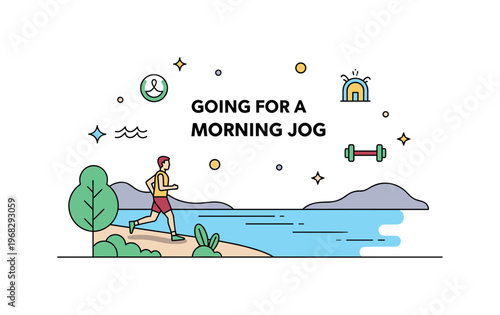 Going for a morning jog lake path scene where a jogger moves along a lakeside trail with calm water reflections while small sparkle and wave icons emphasize