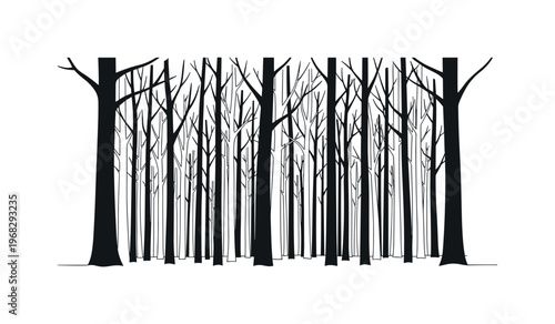 Deep Forest. Minimalistic one-line drawing thick forest with overlapping dark tree trunks, continuous single black line on white background, simple outline