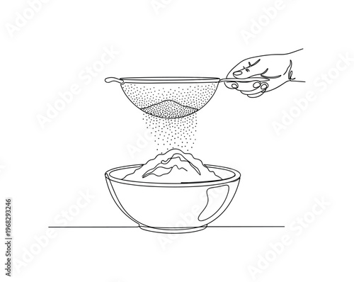 Sifting Flour. Minimalistic one-line drawing hand holding sieve above bowl with flour falling through, continuous single black line on white background, simple