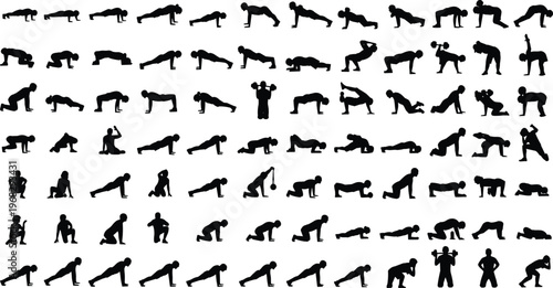 Workout silhouettes collection, fitness exercise poses set, people training movements, gym activities, strength training, black shadow figures, healthy lifestyle illustration
