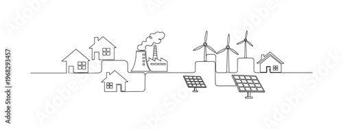 Connected Energy Network. Minimalistic one-line drawing smart grid linking homes, power plants, and renewable sources, continuous single black line on white