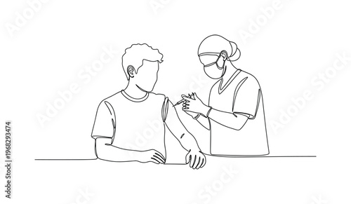 Vaccination. Minimalistic one-line drawing person receiving a vaccine injection from healthcare worker, continuous single black line on white background,