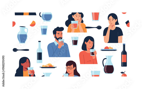 contemplation icons seamless pattern, repeating pattern, surface design, textile print, modern illustration of people observing half-full glasses, reflections,