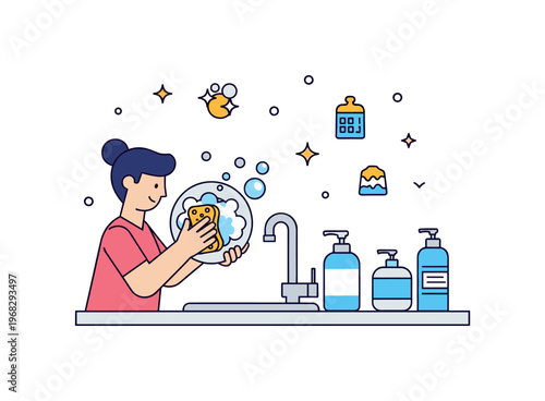 Washing dishes modern kitchen concept where a person uses a sponge and soap while tiny sparkle and bubble icons highlight cleanliness, hygiene, and daily