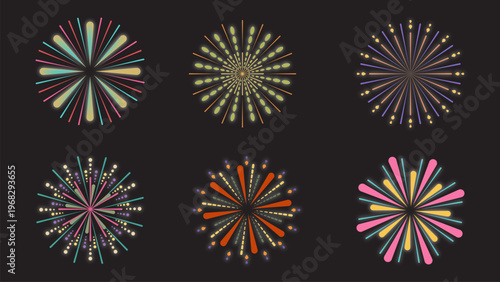 Vector of colorful fireworks explosions isolated on dark background. New Year's Eve fireworks. Festive sparks and explosions. Celebration, holidays, party decoration.