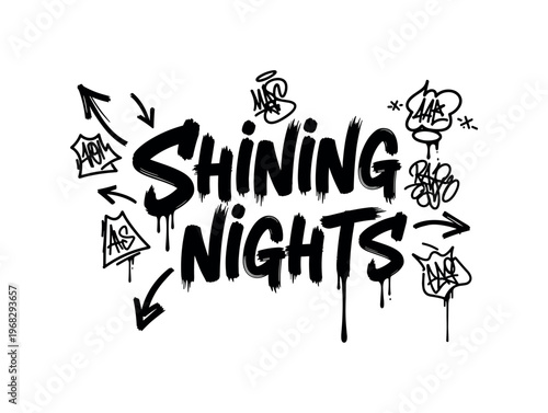 Shining Nights. lettering and all elements in black. Vector style. AWhite background. Pure white background. Perfect isolation and visual consistency. Dynamic