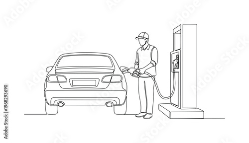 Gas Fill-Up. Minimalistic one-line drawing driver refueling car at gas station, continuous single black line on white background, simple outline style, no