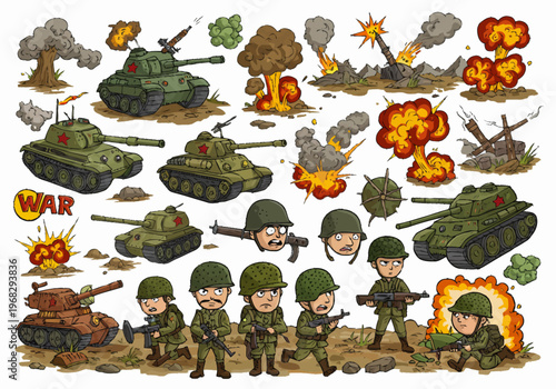 Soldiers and military tanks engage in combat with explosions in a war zone scene.